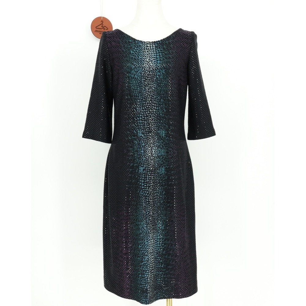 St. John Wool Blend Sheath Dress Size 8 Black Teal Purple Ombre V Back Shimmery